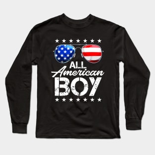 4th of July Shirt ALL AMERICAN BOY USA Flag Patriotic Family Long Sleeve T-Shirt